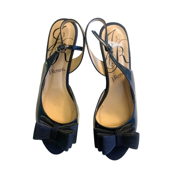 J. Renee Navy Blue Patent Leather Slingback Bow Peep Toe Heels Sandals Size 9 - Picture 2 of 12